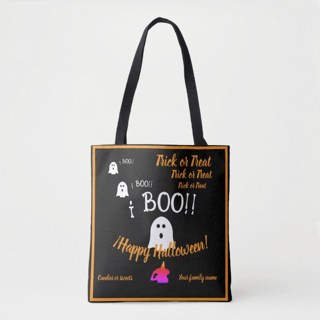 Bolso De Tela truco o trato, nombre, halloween personalizado, bo (Anverso)
