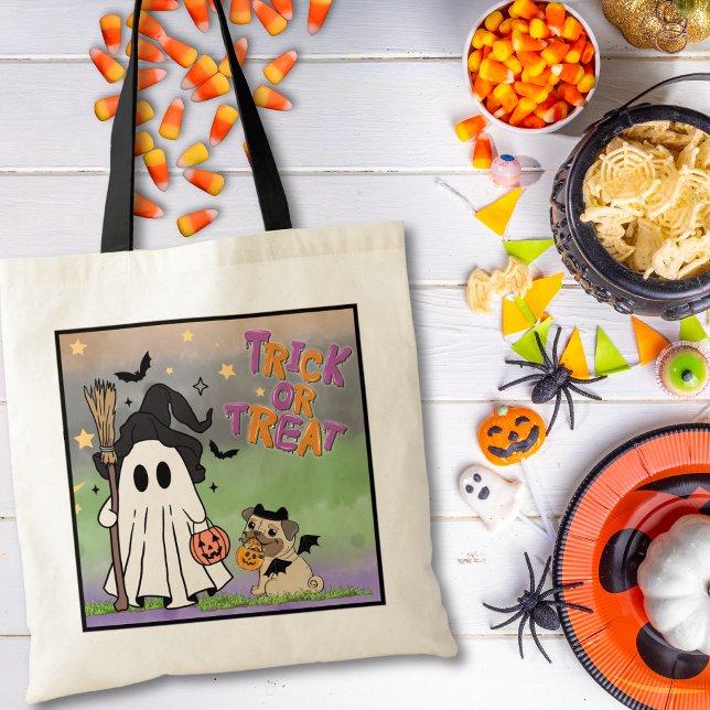 Bolso De Tela Truco o trato Tote con fantasma y perro (Subido por el creador)