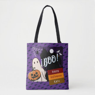Bolso De Tela truco o truco, nombre persolalized halloween rosa
