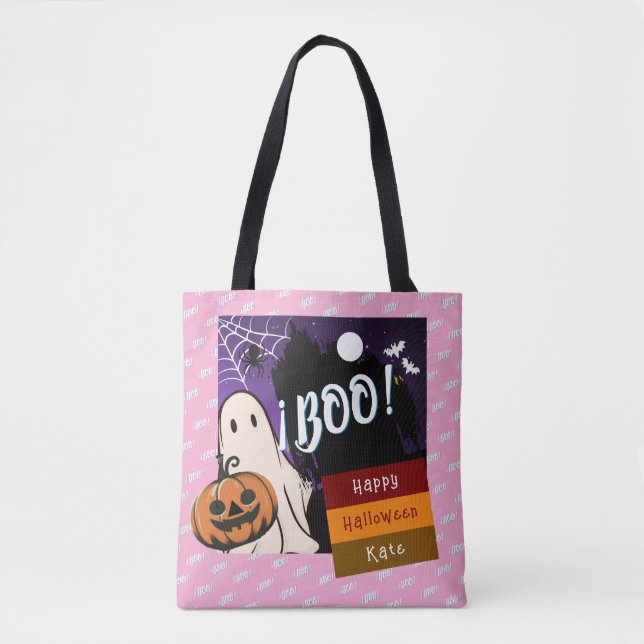 Bolso De Tela truco o truco, nombre persolalized halloween rosa (Anverso)