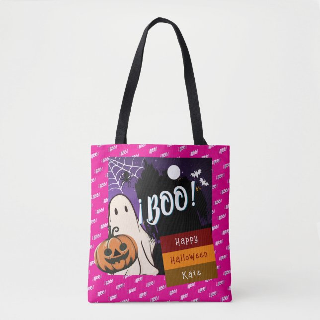 Bolso De Tela truco o truco, nombre persolalized halloween rosa (Anverso)
