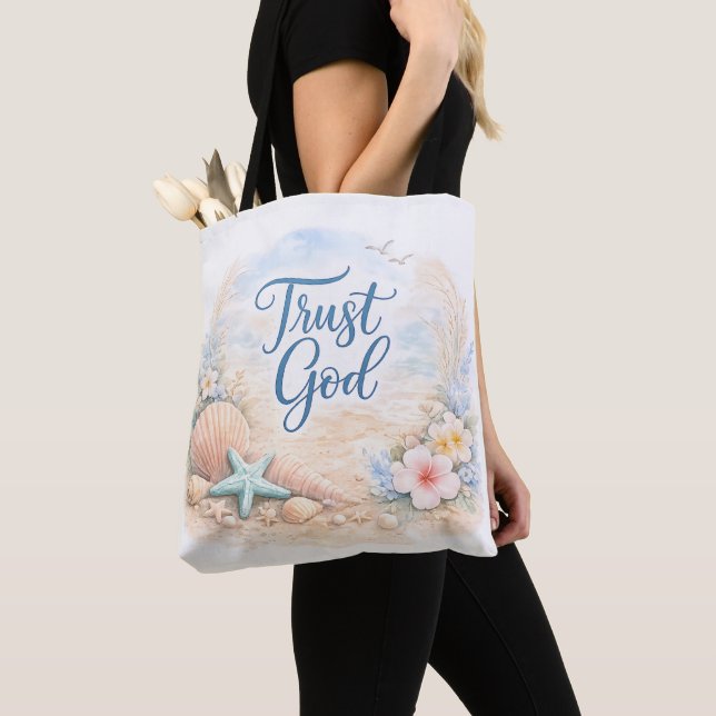 Bolso De Tela "Trust God" Coastal Beach Watercolor Christian (Detalle)