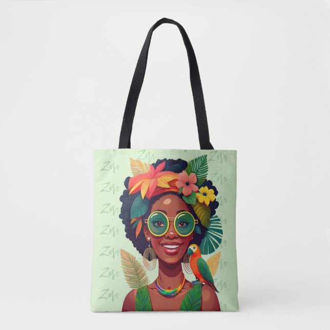Bolso De Tela Tu nombre, mujer negra, flores tropicales y loro (Anverso)