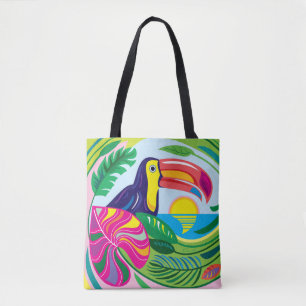 Bolso De Tela Tucán y hojas tropicales