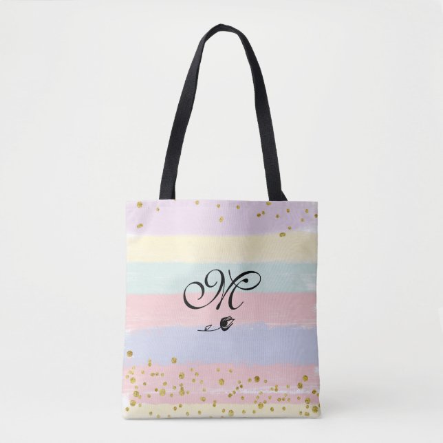Bolso De Tela *~* Tulip Monograma Doodle Purpurina de oro Pastel (Anverso)