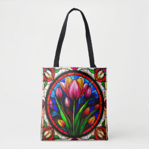 Bolso De Tela Tulipán Rojo y Motivos Florales Coloridos
