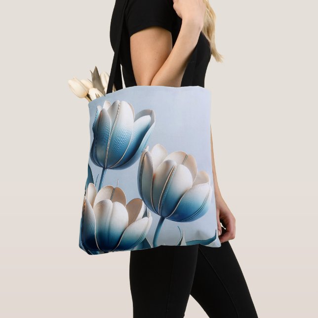 Bolso De Tela Tulipanes azules y blancos elegantes (Detalle)