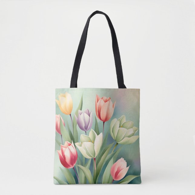 Bolso De Tela Tulipanes coloridos acuarela romántica (Anverso)