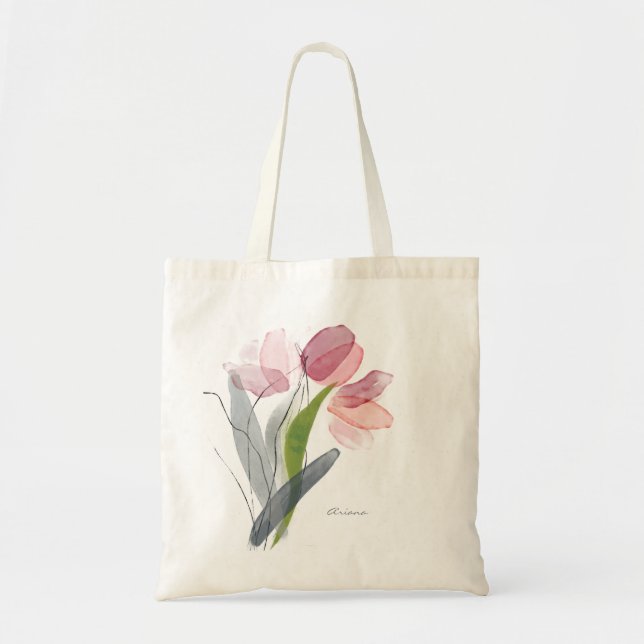 Bolso De Tela Tulipanes Florales Acuarela Rosa Claro Hojas Verde (Frente)
