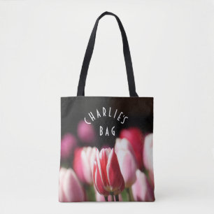 Bolso De Tela Tulipanes rojos y blancos y rosados