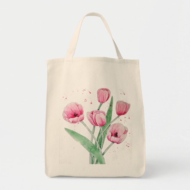 Bolso De Tela Tulipanes rosados en acuarelas (Frente)