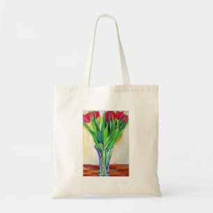 Bolso De Tela tulipanes rosados y rojos acuarela