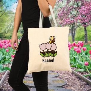 Bolso De Tela Tulipanes y Abeja con Nombre Personalizado Jardine