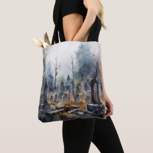 Bolso De Tela Tumbas de cementerio tremendo cruzan Halloween