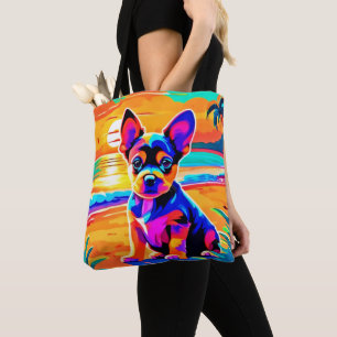 Bolso De Tela Tumulto de Chihuahua en la playa del atardecer
