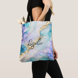 Bolso De Tela Turquesa Azul Púrpura Oro Mármol Floral Abstracto