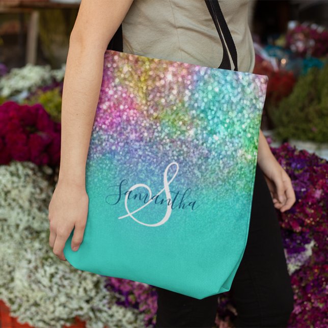 Bolso De Tela Turquoise Ombre Mermaid Bokeh Purpurina (Turquoise Ombre Mermaid Bokeh Glitter Tote Bag)