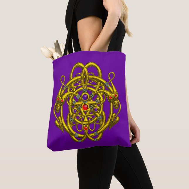 Bolso De Tela TWIN DRAGONS Oro nudos celtas, piedras en morado (Detalle)