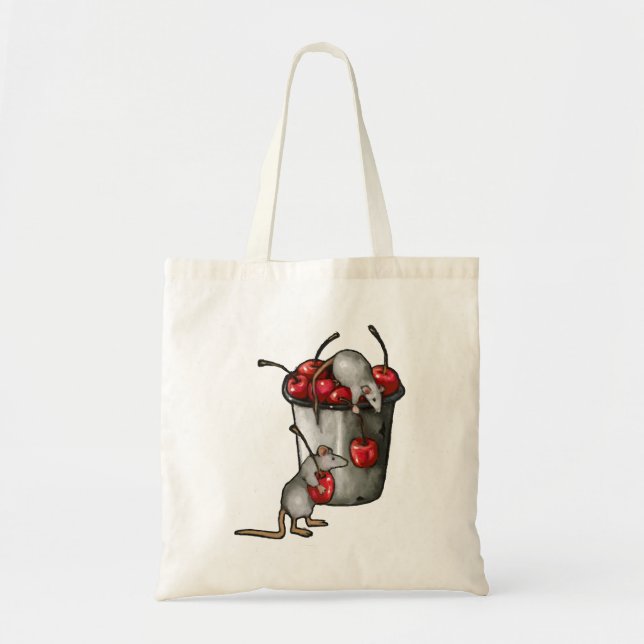 Bolso De Tela Two MICE Stealing Cherries, Bucket of Cherries Art (Frente)