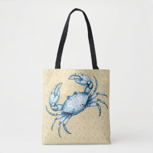 Bolso De Tela Un cangrejo azul con fondo de arena