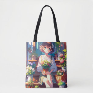 Bolso De Tela Un Chica de anime lindo sostiene una planta