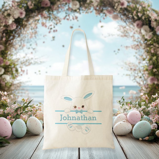 Bolso De Tela Un chico personalizado de la conejita azul de Pasc (Cute Blue Easter Bunny Personalized Boy Tote Bag)