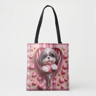 Bolso De Tela Un chih zu chiita en 3D con un fondo rosa y blanco