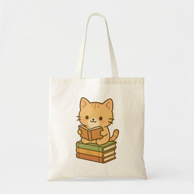Bolso De Tela Un gato kawaii que lee un libro escondido (Frente)