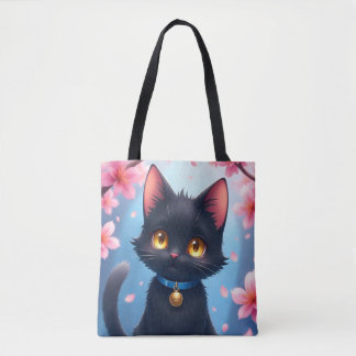 Bolso De Tela Un gato negro con flores de sakura tote Bag