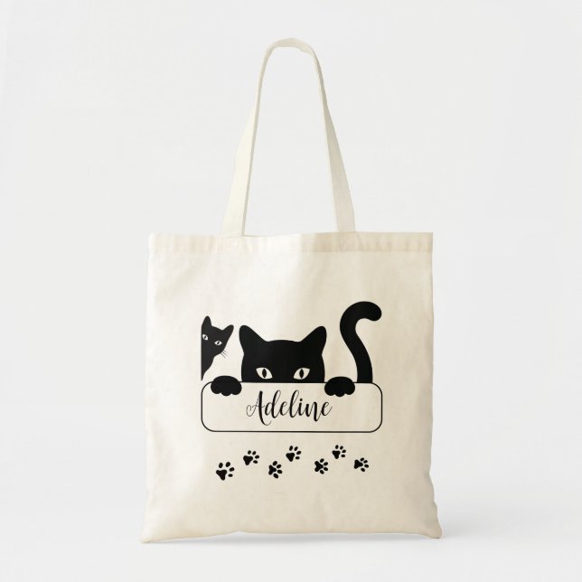 Bolso De Tela Un gato negro lindo buscando con un nombre persona (Frente)