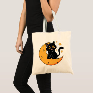 Bolso De Tela Un gato negro lindo sentado en la luna