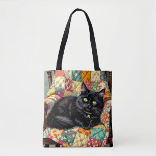 Bolso De Tela Un gato negro lindo sobre una silla de roca