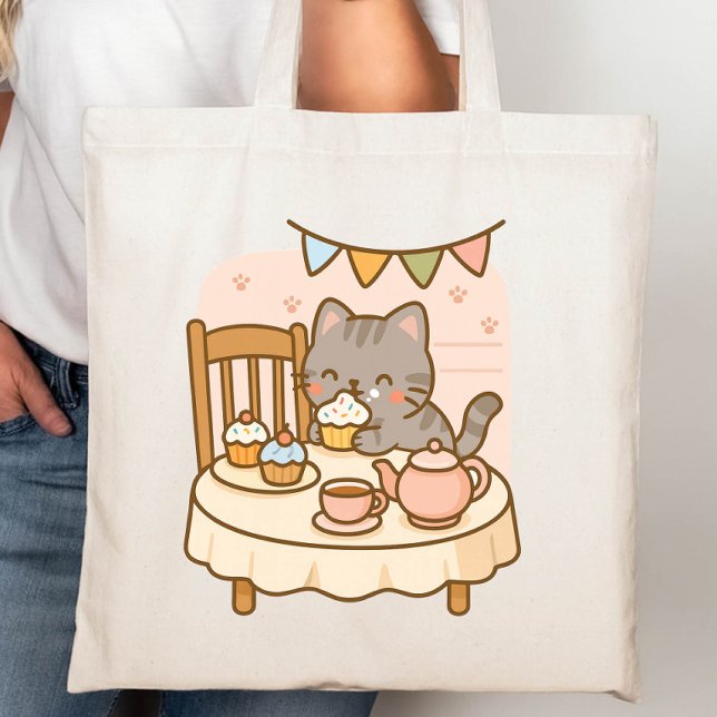 Bolso De Tela Un gato travieso de Kawaii robando un pastel (Subido por el creador)