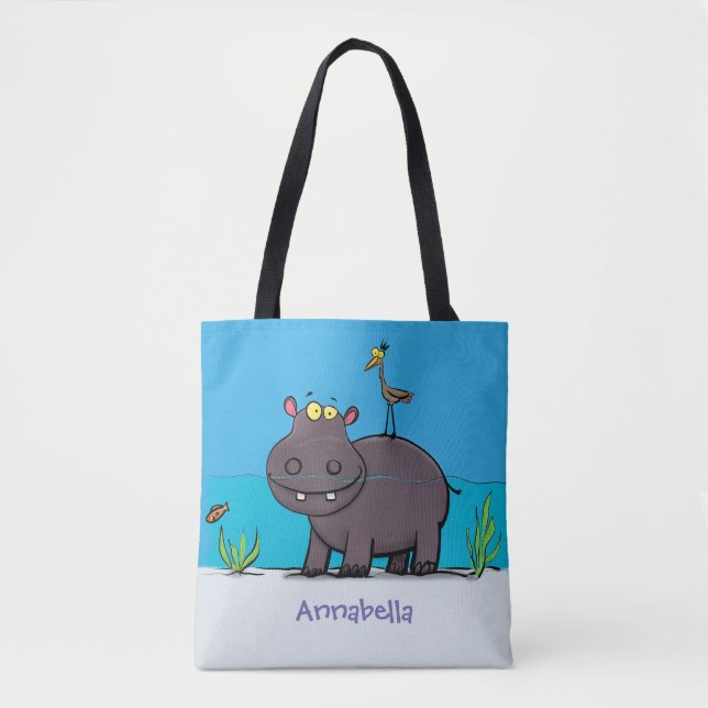Bolso De Tela Un gracioso hipopótamo con personalizado de pájaro (Anverso)
