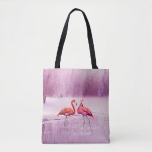 Bolso De Tela Un par de flamencos rosados están en el agua en el