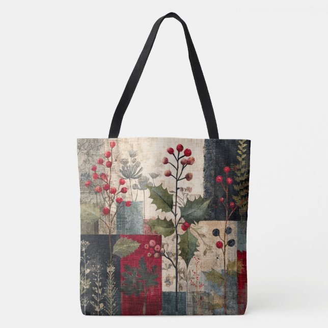 Bolso De Tela Un Patchwork Rústico de Invierno con Bayas de Aceb (Anverso)