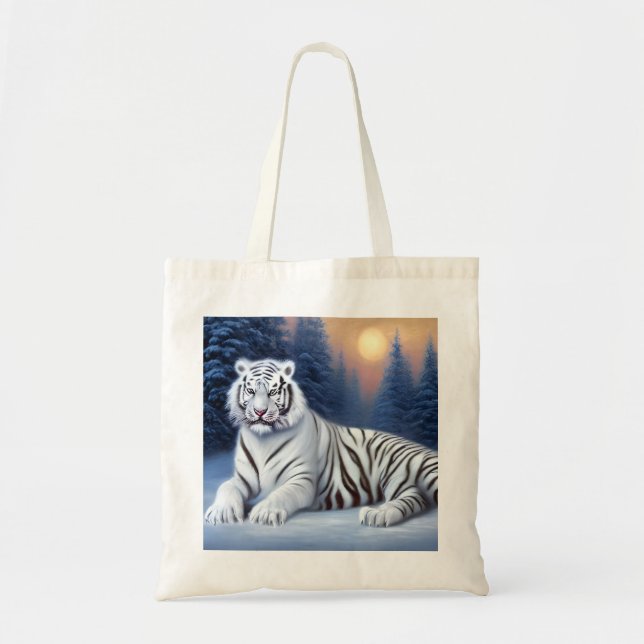 Bolso De Tela Un tigre blanco sentado en la nieve (Frente)