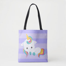 Bolso De Tela Un unicornio blanco lindo que baja con rayas morad