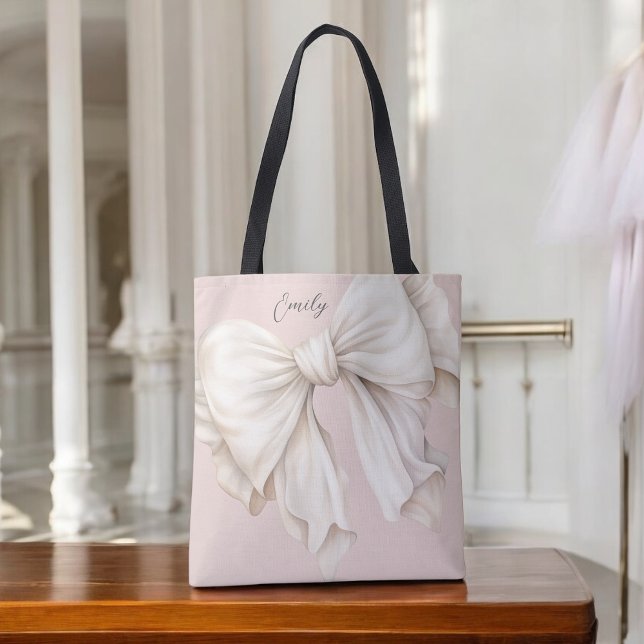 Bolso De Tela Una dulce marfil blanca en rosa (Personalize this feminine tote with your name.)