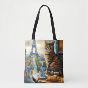 Bolso De Tela Una mañana en París Gato atigrado en un café