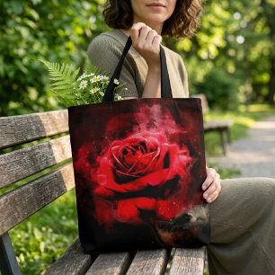 Bolso De Tela Una Rosa Roja Acuarela sobre Fondo Negro