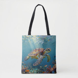 Bolso De Tela Una Tortuga Marina y Rayos de Sol en el Océano Azu