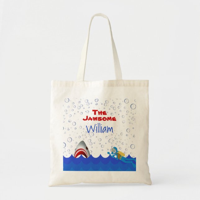 Bolso De Tela Under the sea shark scubadiver name cartoon kids (Frente)
