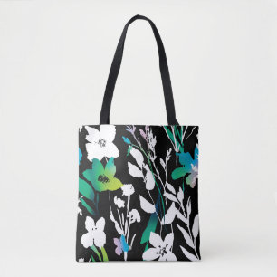 Bolso De Tela Único acento floral blanco y negro y color brillan