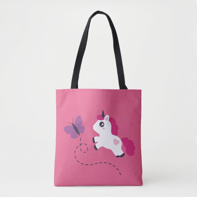 Bolso De Tela Unicornio blanco con mariposa (Anverso)