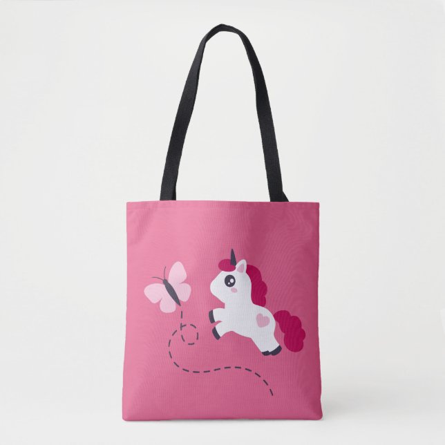 Bolso De Tela Unicornio blanco con mariposa (Anverso)