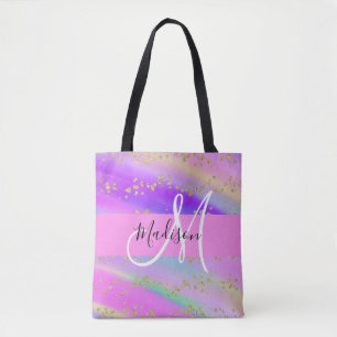 Bolso De Tela Unicornio Colorido Arcoíris Dorado Glitter Monogra
