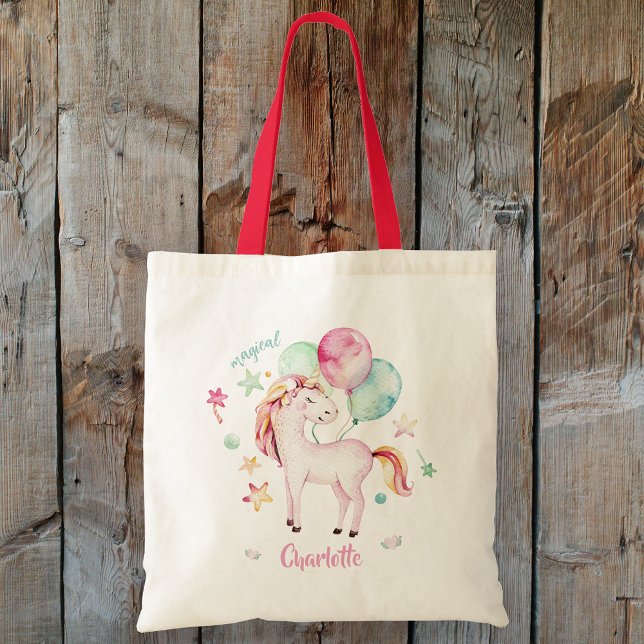 Bolso De Tela Unicornio de globo de nombre personalizado (Custom Name Balloon Unicorn Tote Bag)