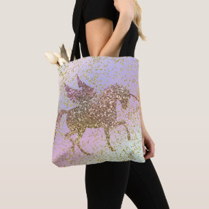 Bolso De Tela Unicornio de Purpurina Dorada Pastel Arcoíris para