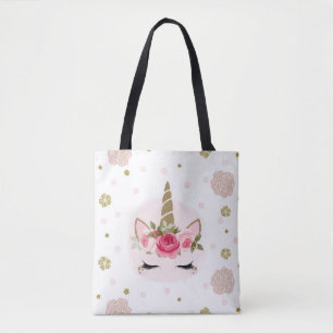 Bolso De Tela Unicornio Dorado Floral Rosa Flores Lindo Tendenci